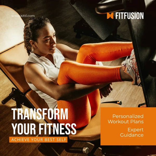 This 1:1 square creative features a person using a leg press machine, utilizing a bold color palette and clear benefit-driven messaging to highlight expert guidance.